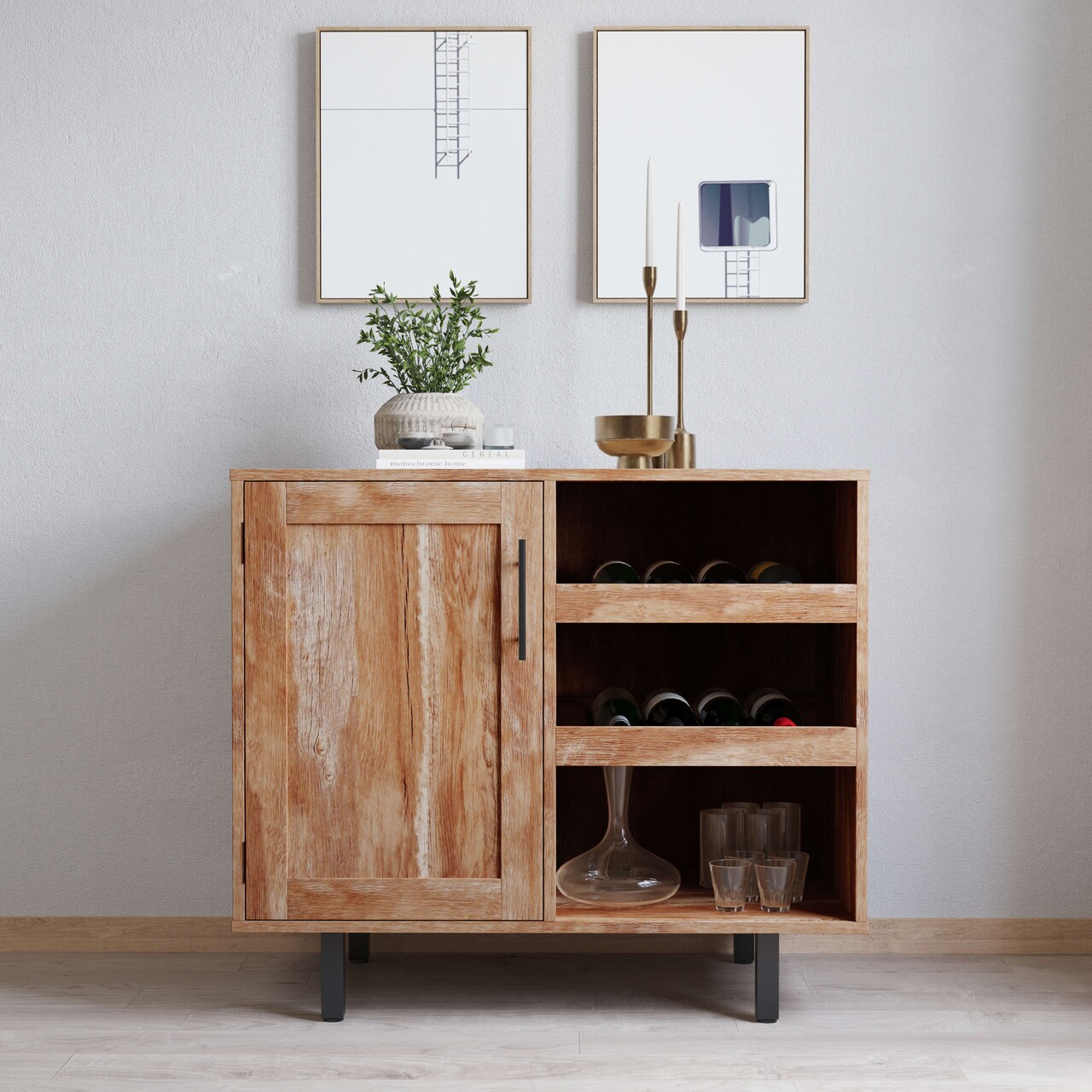 Merrick Lane Aloise Bar and Sideboard with Storage Cabinet, Hanging Stemware Holders and Bottle Storage